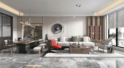 新中式家居客厅 沙发组合 茶几桌椅组合 地毯 吊灯 装饰画 绿植